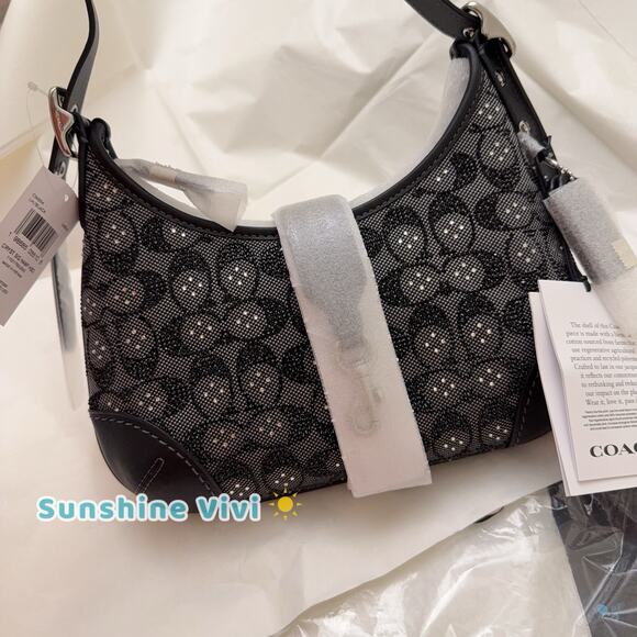 NWT Coach Hamptons Hobo Bag In Crystal Signature Jacquard CW654 Black Silver - Picture 4 of 10